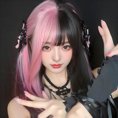 Black Powder Gradient Long Straight Synthetic Wig with Double Air Bangs for Cosplay Major Ceremonies Personality Hair