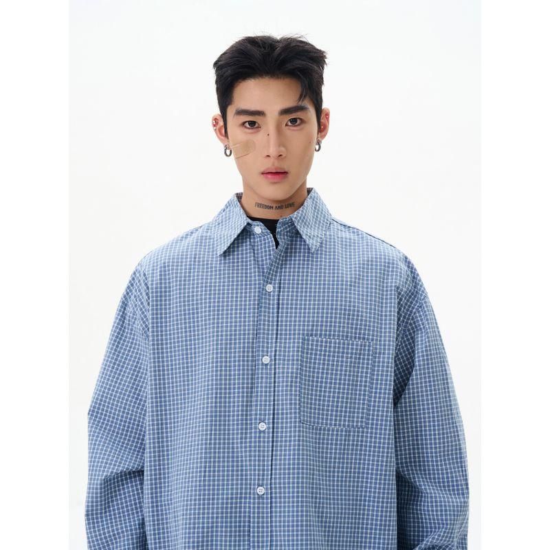 Kisko American Retro Casual Loose Blue Plaid Long-Sleeved Shirt for Men and Women Spring Simple Basic Shirt Jacket