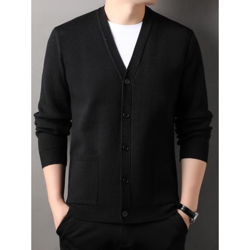 Men's Knitted Cardigan Coat Spring and Autumn V-neck Solid Color Top Real Pocket Sweater Business Casual Outdoor Sweater
