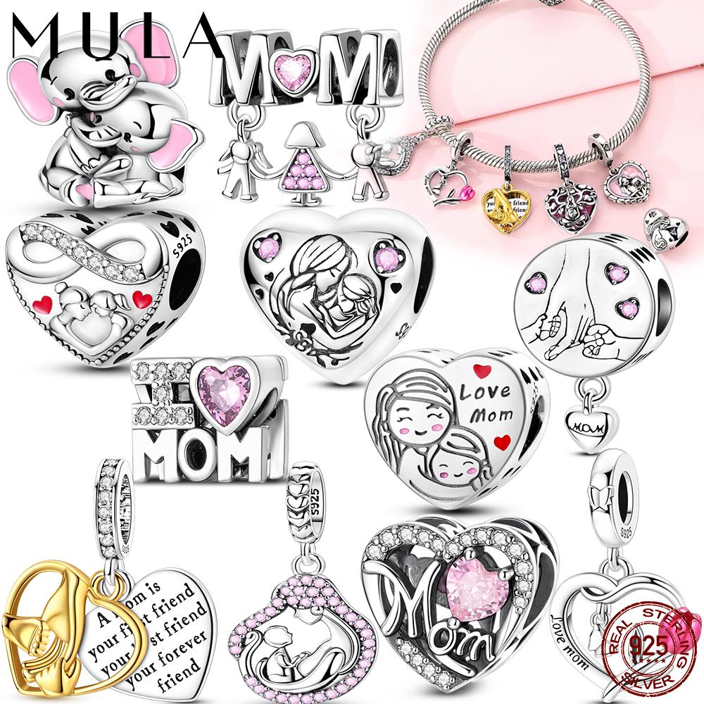 Mother's Day 925 Silver Charms Beads Love Mom Heart Charms Dangle for Bracelet Woman Jewelry Gifts