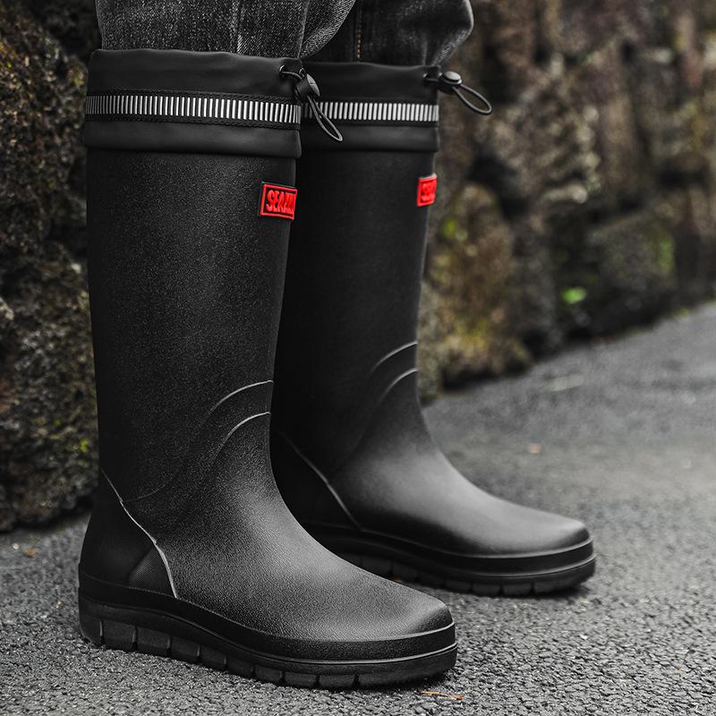 Men's High-Top Waterproof Non-Slip Rain Boots with Drawstring Long Tube Style