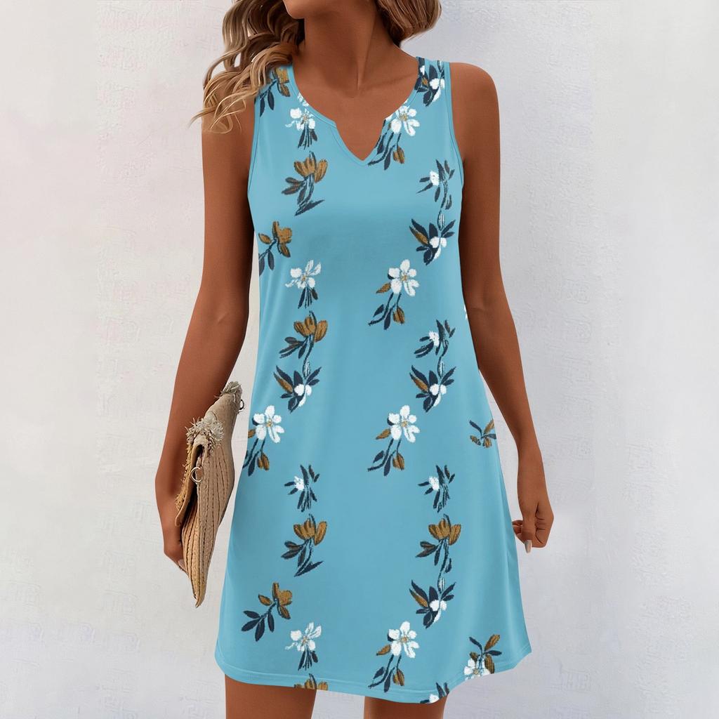 Women Summer Dresses V-Neck Print Sleeveless Sundress Casual Dress