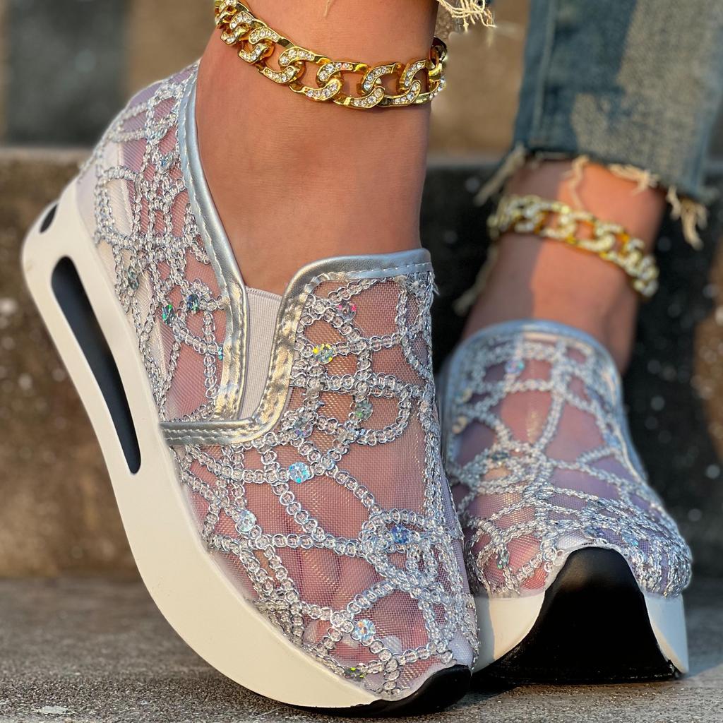 Women's Glitter Sequins Decor Sneakers, Breathable Mesh Inner Wedge Heeled Shoes, Comfortable Platform Carnival Shoes & Music Festival