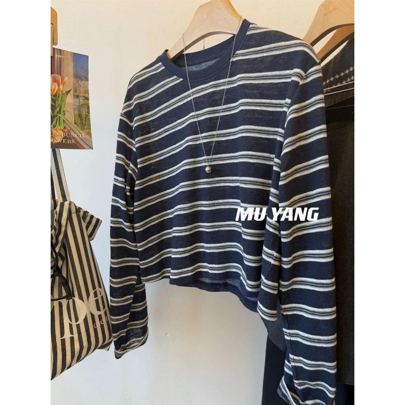 

Большой размер Удобная и универсальная Простая повседневная Корейская Контрастная полосатая Свободная футболка с длинным рукавом Топы для женщин Осенью M синий