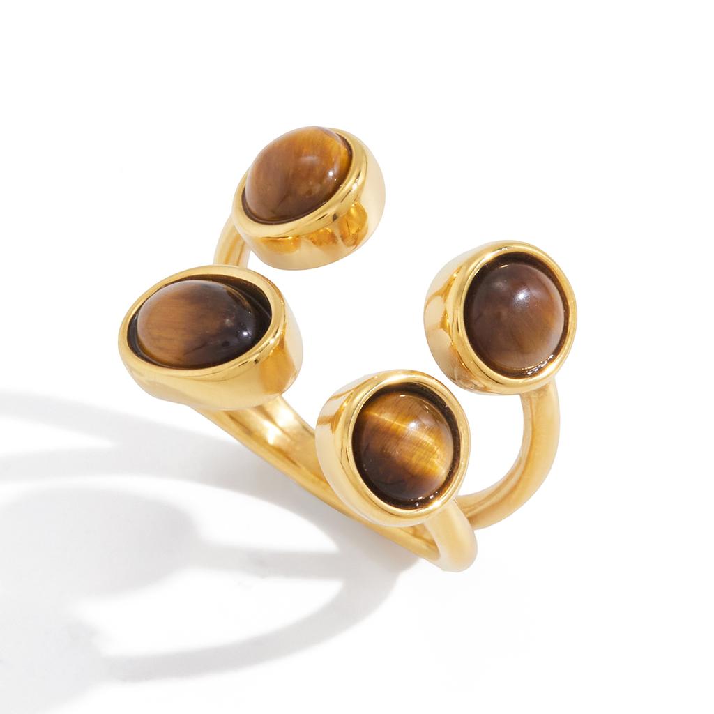 Yori Stainless Steel Tiger's Eye Double-Layer Opening Ring 18K Gold Color PVD Plated Charm Finger Fashion Jewelry Wholesale
