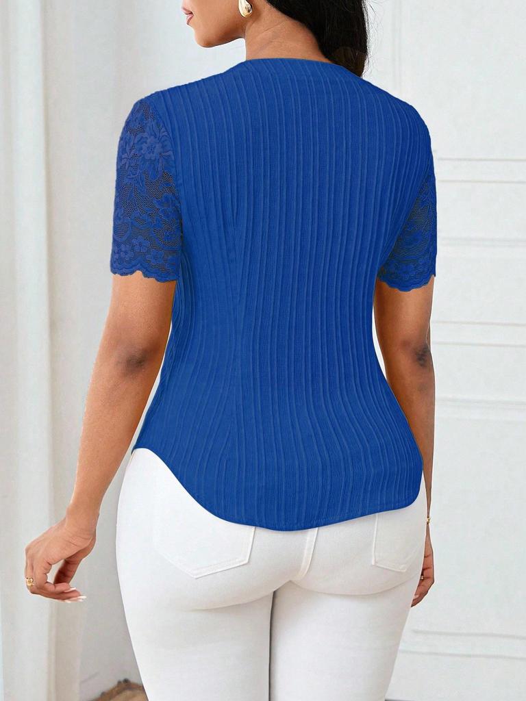 Women's Summer V-neck Embroidered Hollow Short-sleeve Shirt