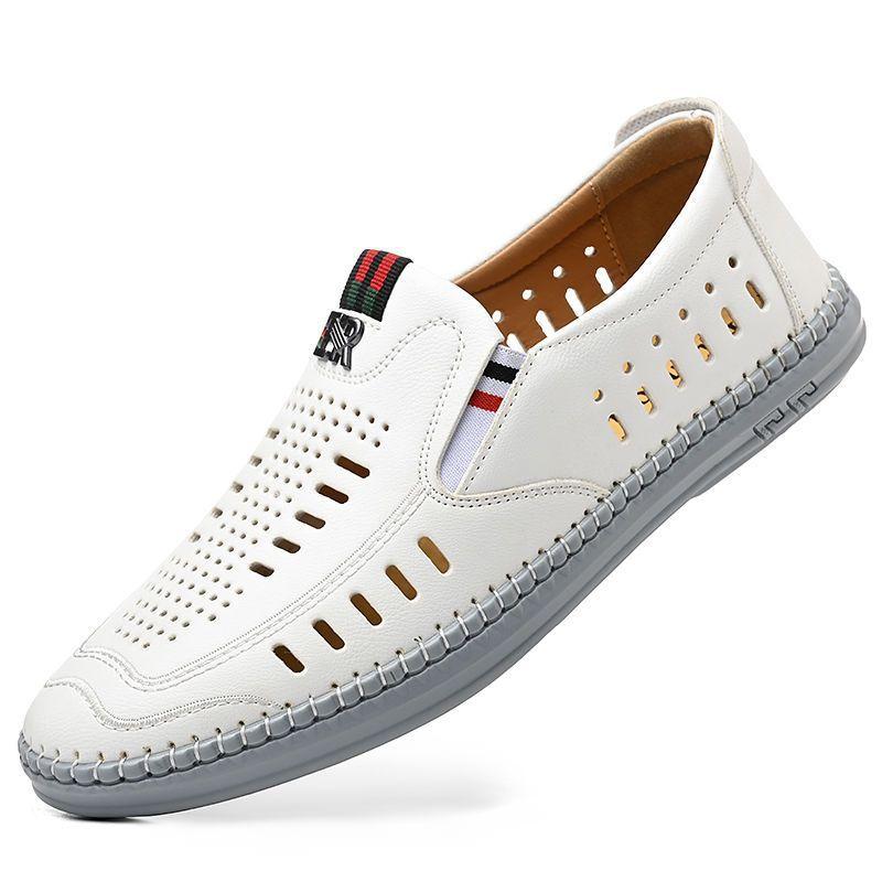Herren-Sandalen Sommer Neu Weiß Hohlleder Schuhe Atmungsaktive Leder-Sandalen Herren Weichsohlige Freizeit Lochschuhe