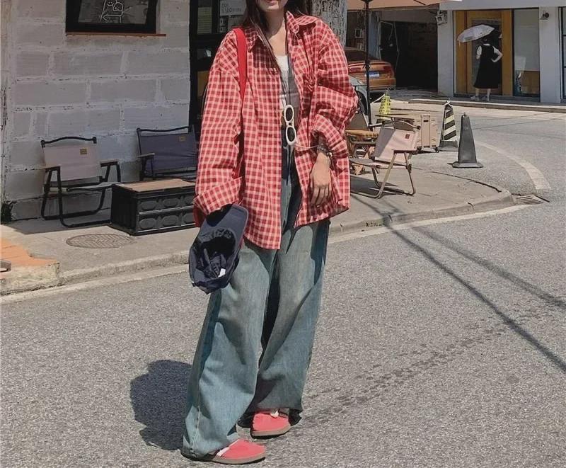 Damen Retro Rot Kariert Langarm Polokragen Hemd - Frühling Nischendesign, Lockere Slim Strickjacke