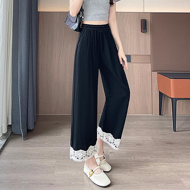 Women's Japanese High Waist Black Lace Trim Patchwork Cotton Wide Leg Cropped Pants - Spring/Summer Casual Loose Fit.