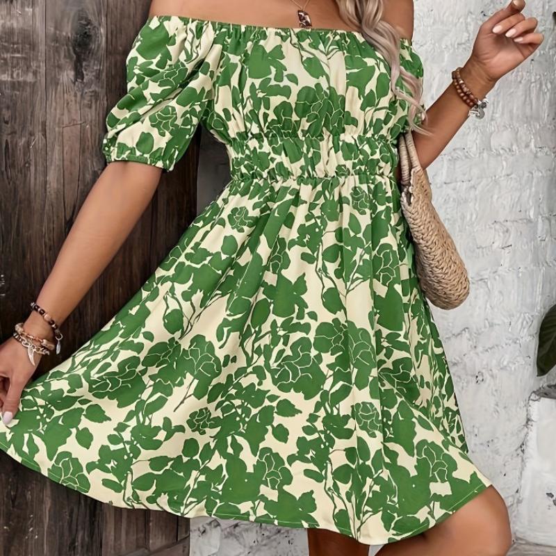 

Женские мини-платья с цветочным принтом, летние, сексуальные, с открытыми плечами, с рукавами-фонариками, туника, женское повседневное бохо-пляжное платье, короткое платье 3XL зелёный