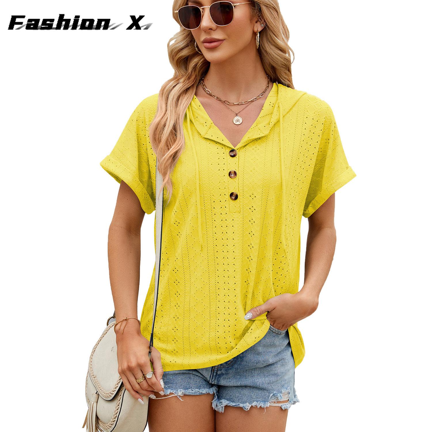 

2025 Весна и лето Новая однотонная свободная футболка с коротким рукавом на пуговицах с капюшоном для женщин S жёлтый
