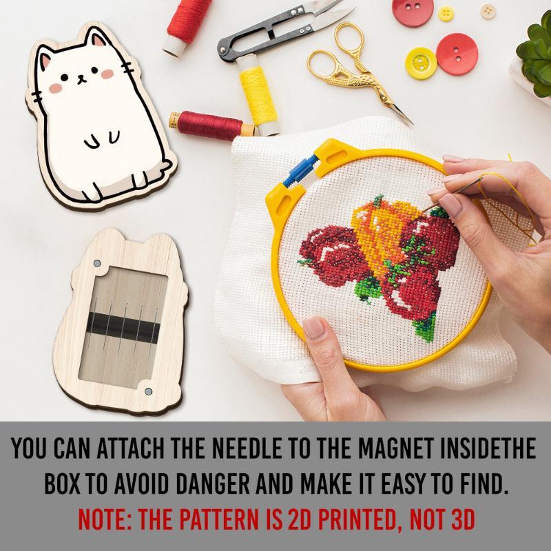 Cute Cat Wooden Needle Storage Box Magnetic Sewing Pin Holder Wood Needle Organizer For Handmade Craft Home Use