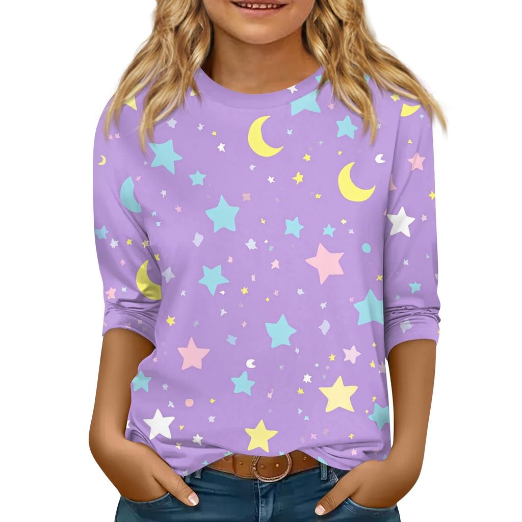 Kinder 3/4 Ärmel Tops Casual Print T-Shirt Rundhals Pullover Bluse