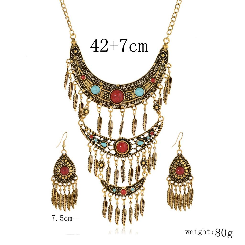 Ensemble collier boucles d'oreilles style ethnique bohème multicouche vintage frangé feuille Hanfu collier chaîne clavicule longue