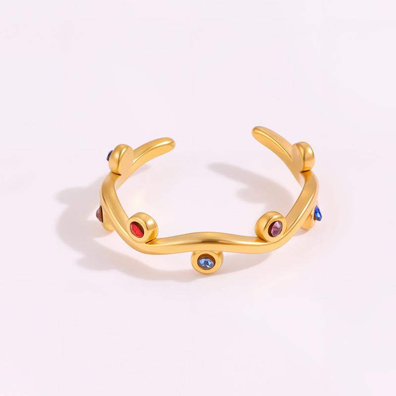 Colorful European & American Irregular Titanium Steel Open Ring with Non-Fading Diamond-Set
