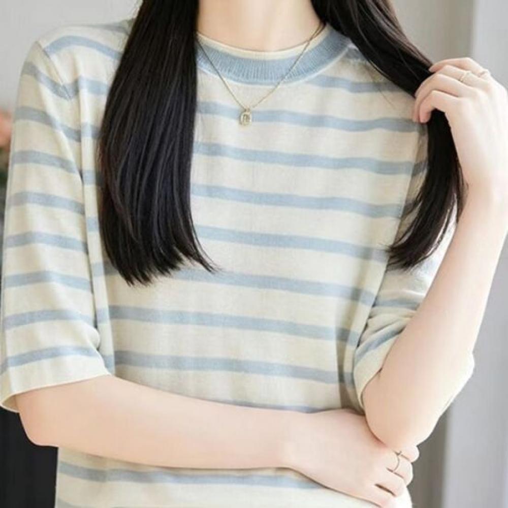 Navava Women Daily Loose Fit Ice Cool Striped Round Neck 5 Sleeve Knit Tee Nk372