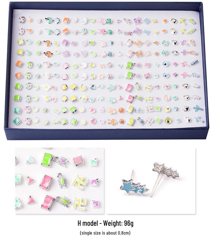 Korean 100-Pair Plastic Boxed Earrings Set - Soft Clay Drip Design, Diamond Glue Needle, Anti-Allergic.