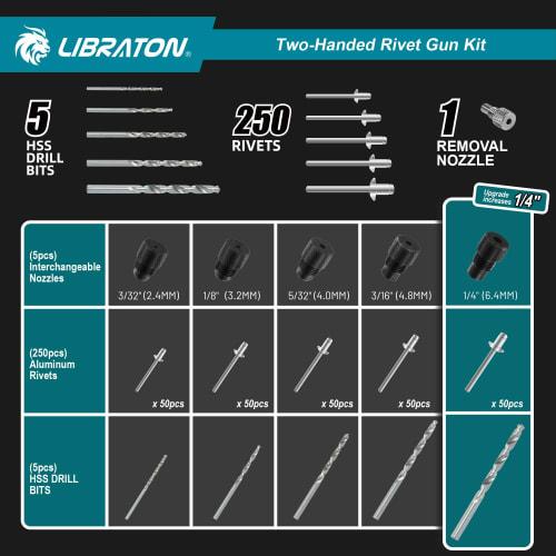 LIBRATON Hand Riveter Set with 250 Blind Rivets (2.4/3.2/4.0/4.8/6.4mm), 5 Nosepieces, and 5 HSS Drill Bits