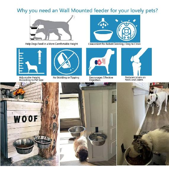 Wall Mounted Dog Feeder,Raised Dog Food and Water Bowls, Metal, Foldable,90° Swing, Rust Resistant, Easy to Clean, Recommended by Veterinarians