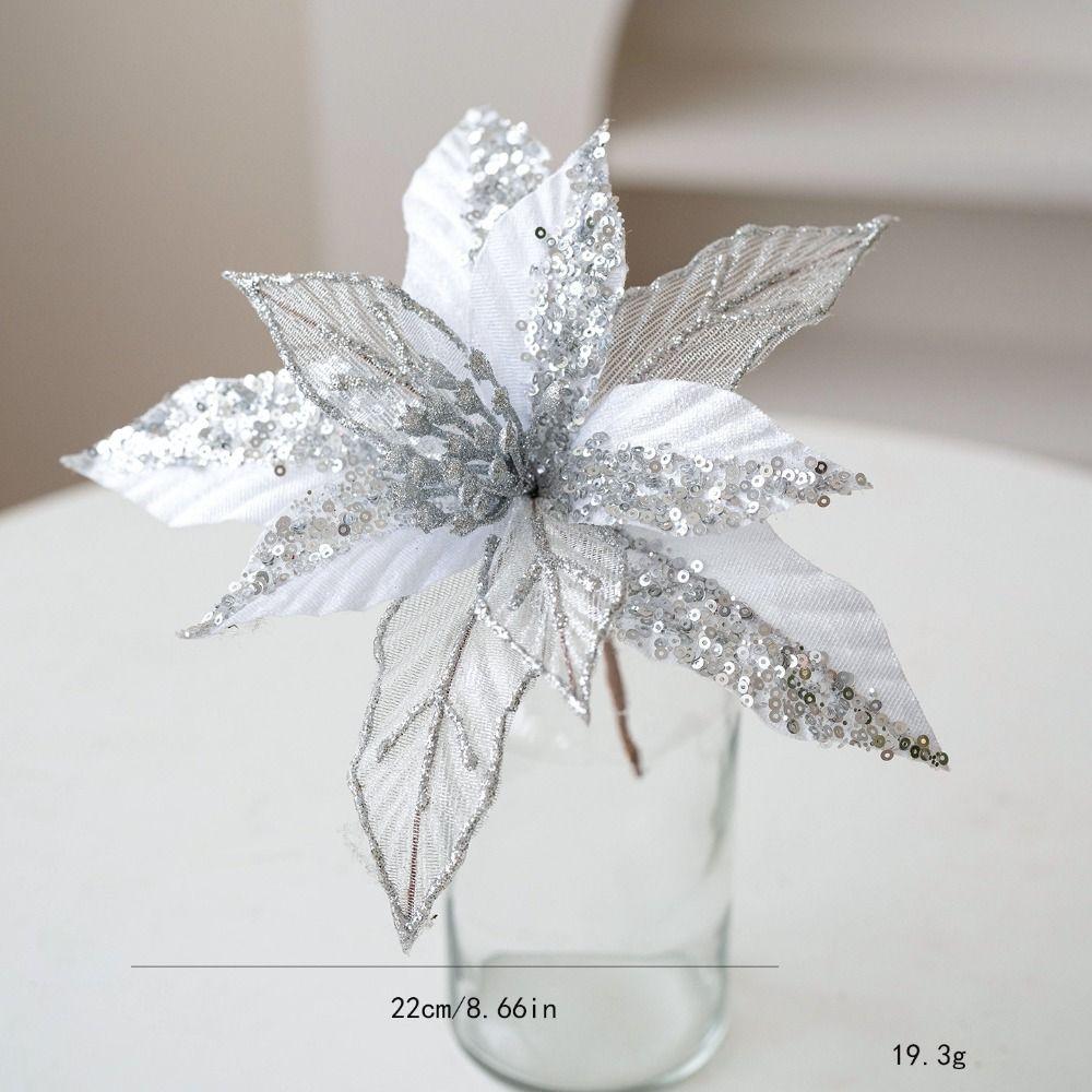 Fabric Plastic Xmas Decorative Flowers DIY Decoration Glitter Fake Flower  Xmas Tree Decorations