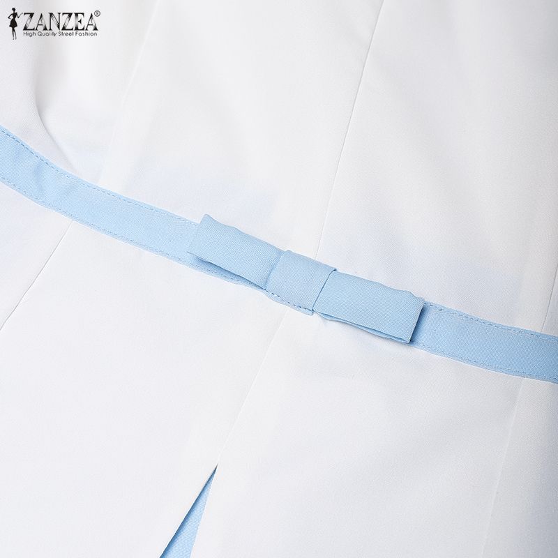 ZANZEA Womens Casual Round Neck Pleated Hem Patchwork Commute Short Sleeve Dress