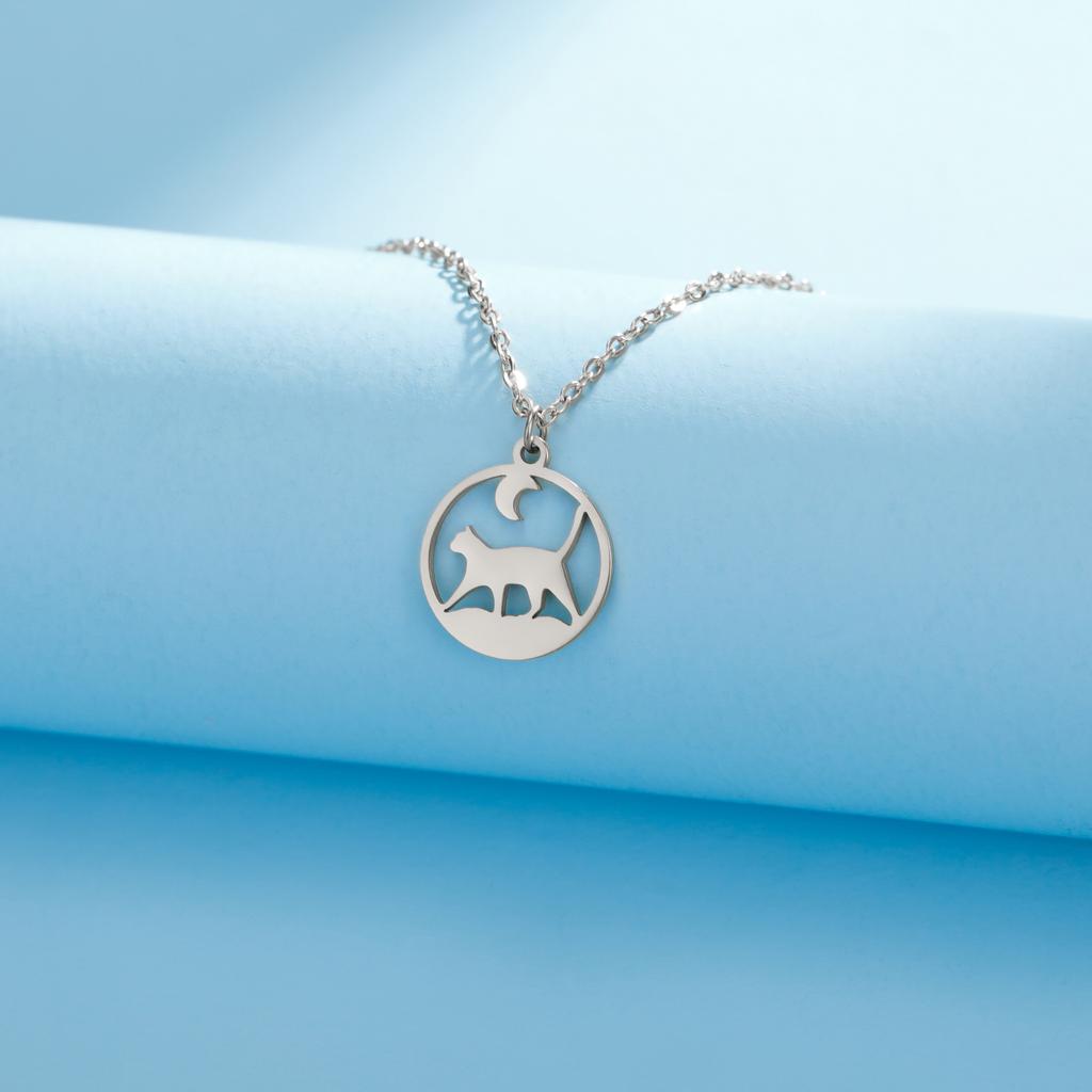 Teamer Söt Kattunge Katt Rostfritt Stål Halsband för Kvinnor Ekorre Fågel Rund Hänge Kedja Choker Smycken Mors Dag Presenter