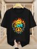 Übergrößen Unisex T-Shirt 100% Baumwolle Amerikanischer Trend "One Love" Friedenszeichen Aufdruck Lässiges Kurzarm-T-Shirt, Bequemes Lässiges Kurzarm-T-Shirt