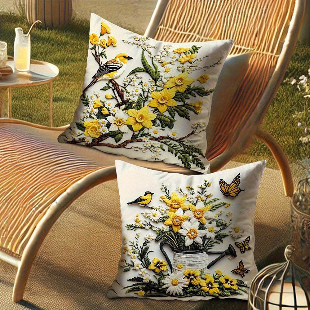 Short Plush Material Pillowcasefloral & Bird Decorative Pillow Covers: Yellow & White Delight Sofa Cushion Cover Home Room Decor