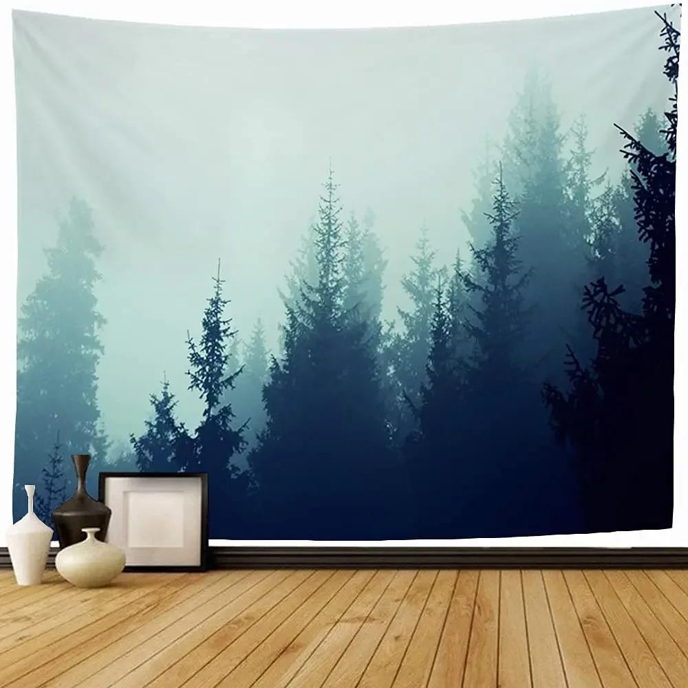 VIKAMA Nature Forest Tapestry, Misty Green Pine Tree Scenery Wall Art Hanging for Bedroom Living Room Photography Backdrop