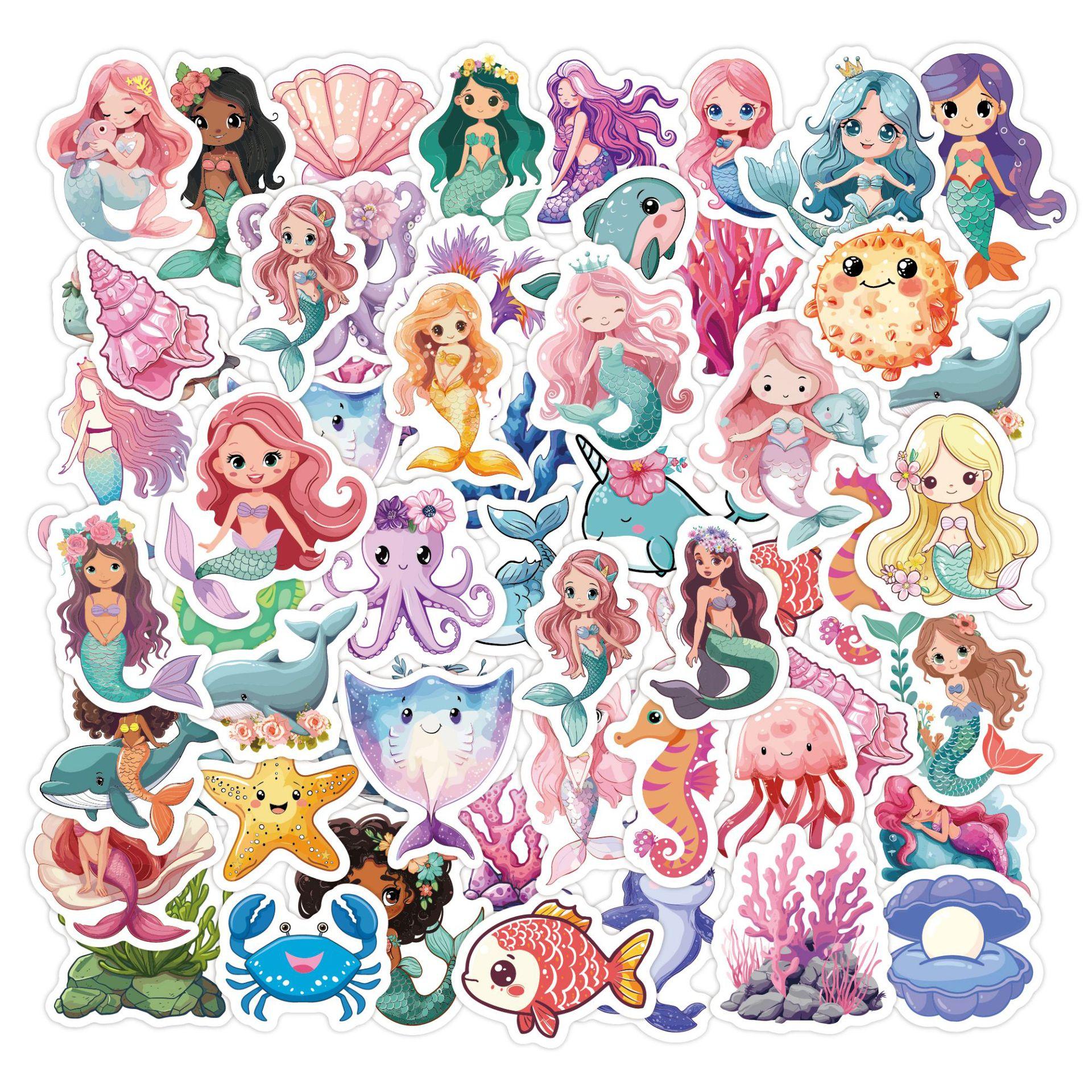 50pcs Original mermaid princess stickers for children, waterproof cartoon graffiti luggage mermaid stickers