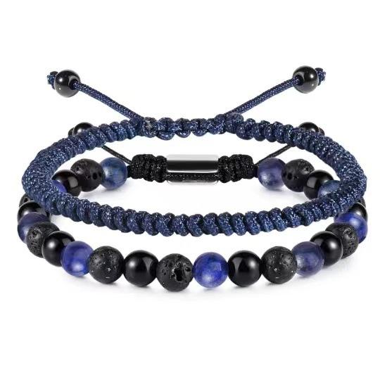 Father's Day Bracelet Set Men's Adjustable Diamond Knot 6mm Volcanic Stone Obsidian Tail Bead Lapis Lapis Bracelet