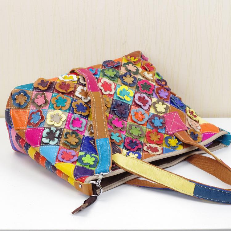 Leather Bag Fashionable Personality Ethnic Style Contrasting Color Splicing First Layer Cowhide Shoulder Tote Bag Women'S Bag