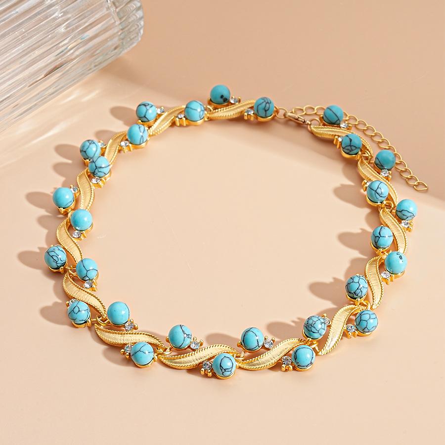 Diamond Turquoise Geometric Round Clavicle Necklace Court Style Niche Premium Necklace Set