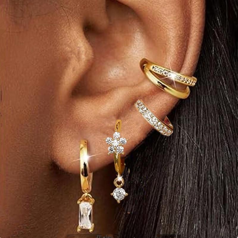 4PCS Shiny Crystal Tragus Huggie Earring Set Fashion Zircon Cartilage Hoop Earrings Helix Piercing Bulk Flower Lobe Ear Stud Lot