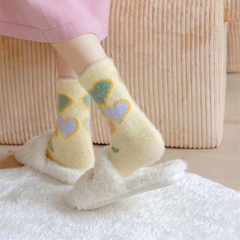 Keep Warm Mink Velvet Socks Flower Heart Pattern Winter Socks Cute Middle Tube Sock  Ladies