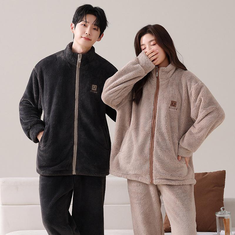 Couple Pajamas Women'S Coral Fleece Autumn And Winter Thickened Fleece Flannel Men'S Winter Warm Loungewear Set