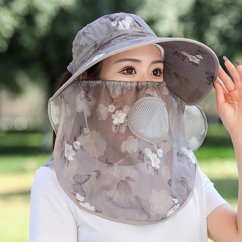 Polyester Chiffon Sun Hat With Face Mask And Neck Cover For Outdoor Gardening Sun Protection