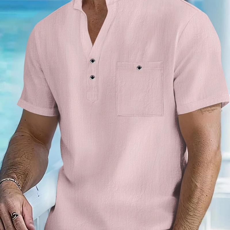 Men's Cotton Linen Short-Sleeve Shirt with Stand Collar & Half-Button Placket - Casual Outdoor Leisure Wear for Spring and Summe