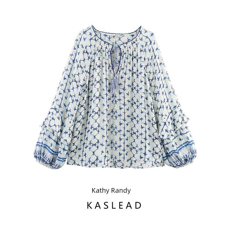 Kaslead New Arrival Women's Fashion Style Metal Color Line Print Round Neck Vertical Blouse 1821024 080