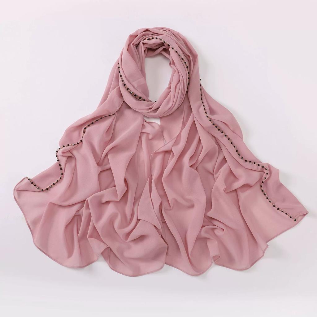 New Pearl Chiffon Hijab Scarf Copper Chain With Black Crystal Pearls Women Muslim Fashion Hijabs For Women Ramadan Turban Femme