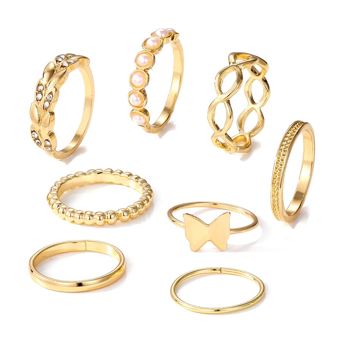 

Нежное кольцо с бабочкой, жемчужное кольцо с бриллиантом, гламурное, элегантное, вечернее, роскошное, женское, в европейском стиле, комплект колец, кольцо из 8 предметов золотой