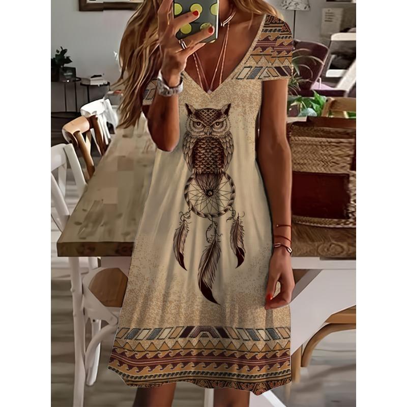 Women s Western ethnic retro print dress V-neck short-sleeved dress for women S