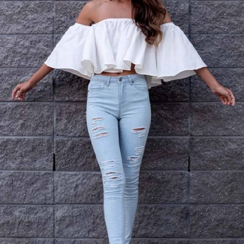 Stylish Summer Off Shoulder Ruffle Hem Loose Fit Top Women Urban Fashion Tee