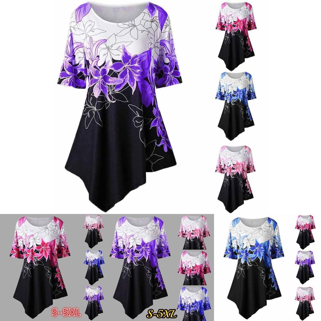 Fashionable Women Ladies Asymmetric Hem Floral Print T-shirt Tunic Tops For All Sizes