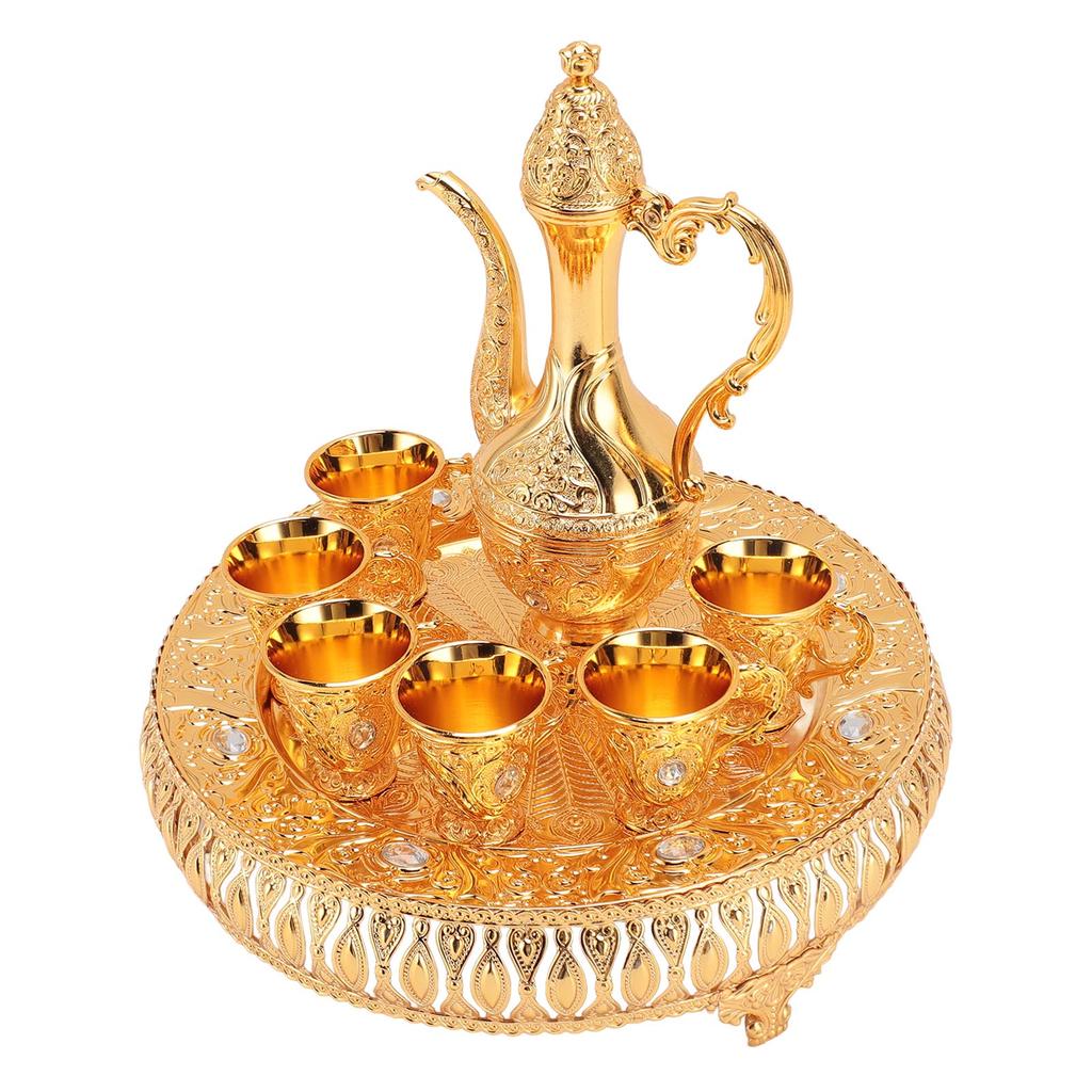 Vintage Wine Pot Set European Retro Coffee Pot Tray Kit Decorative Zinc Alloy Exquisite Carving Wine Cups for Home Party Dinner