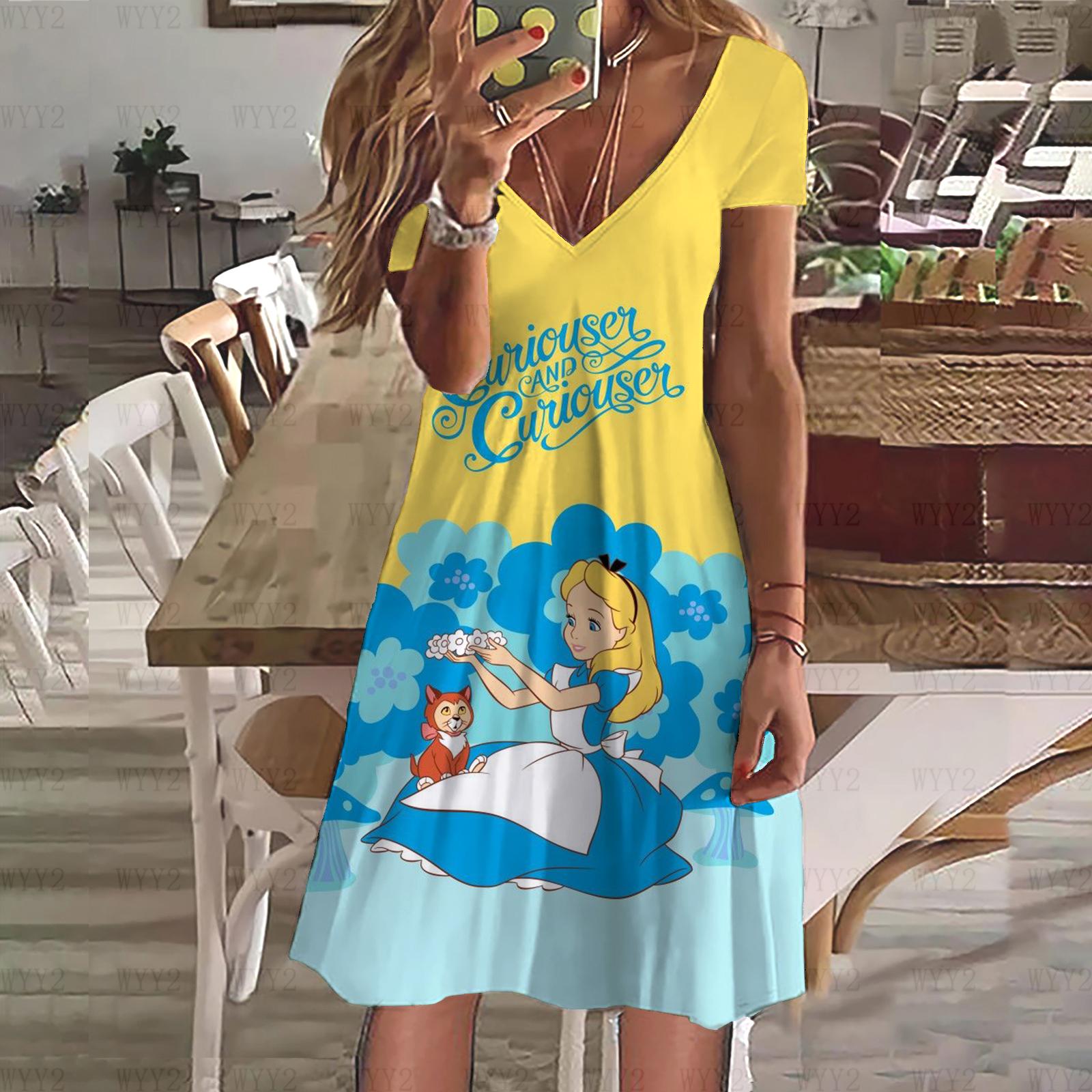 

Летнее женское новое платье Disney Princess Alice In Wonderland Print V-образный вырез с коротким рукавом Женская одежда Повседневный уличный стиль 5XL
