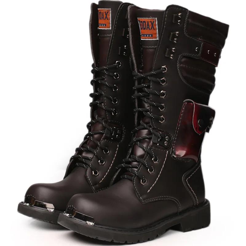 Fashion Men Knee High Leather Boots Winter Male Motorcycle Boots Gothic Punk Shoes Mens Outdoor Military Casual Tooling Boots Man