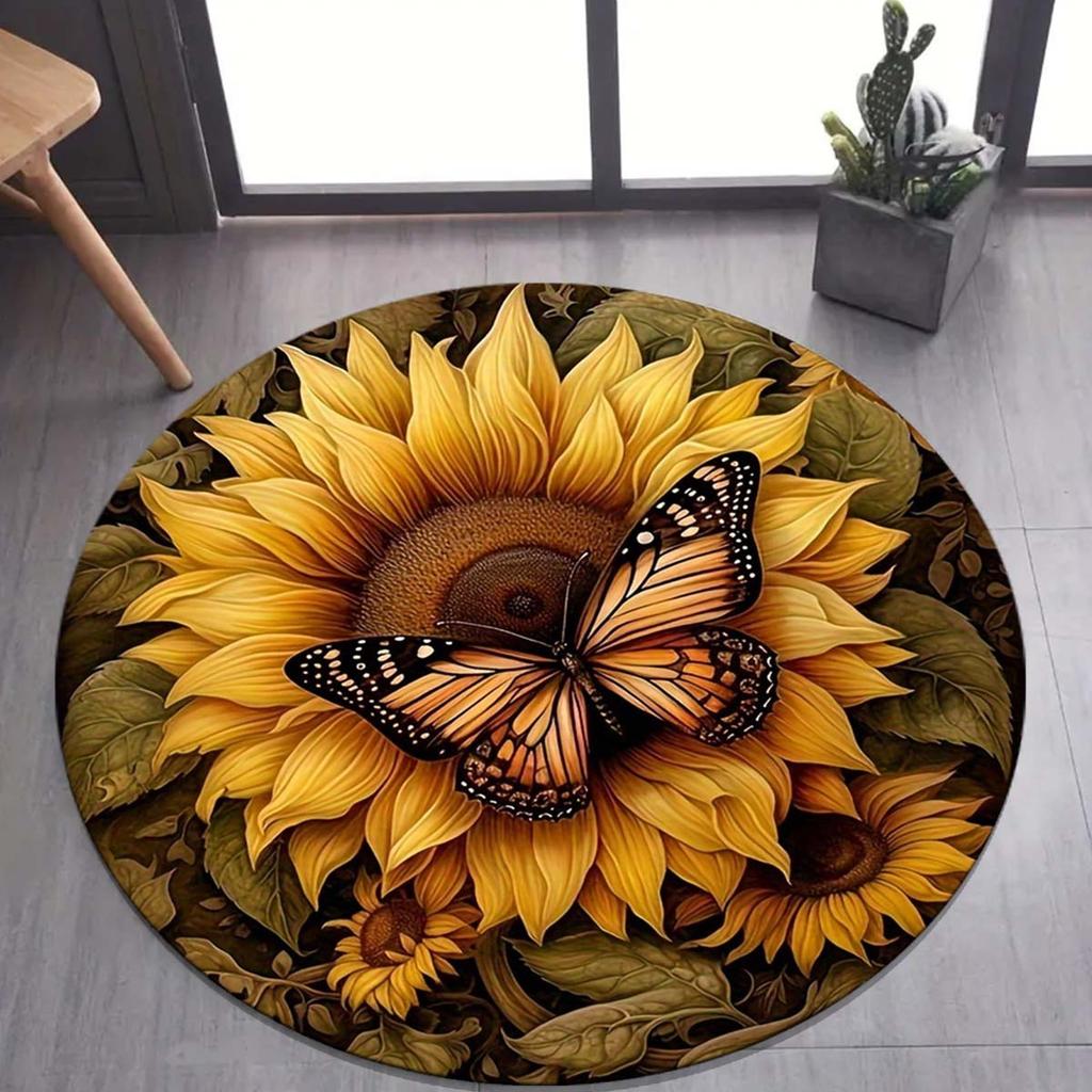 1pc Beautiful Butterfly and Sunflower Round Rug, Non-slip Floor Mat for Living Room, Bedroom, Bathroom, Holiday Home Decoration