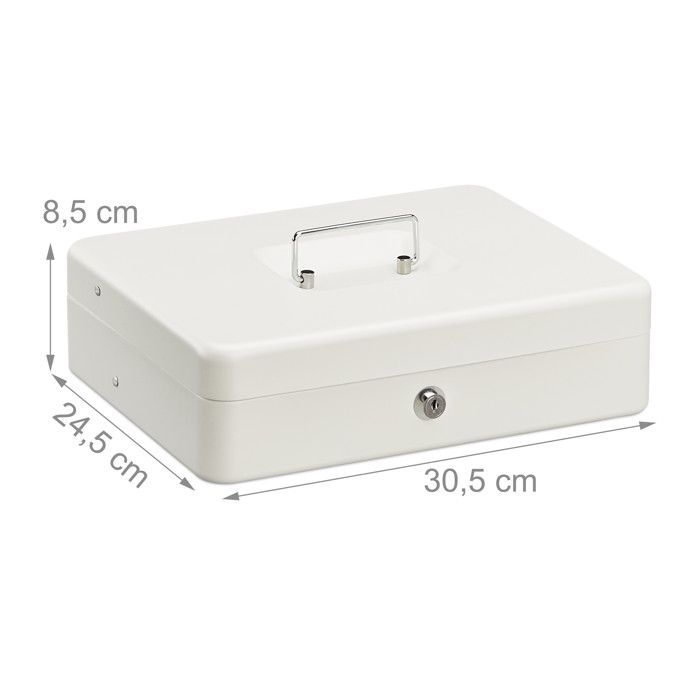 Relaxdays Cash Box, Lockable, Coin Sorter & 4 Banknote Compartments, Iron, Hlp 8.5 X 30.5 X 24.5 Cm, White