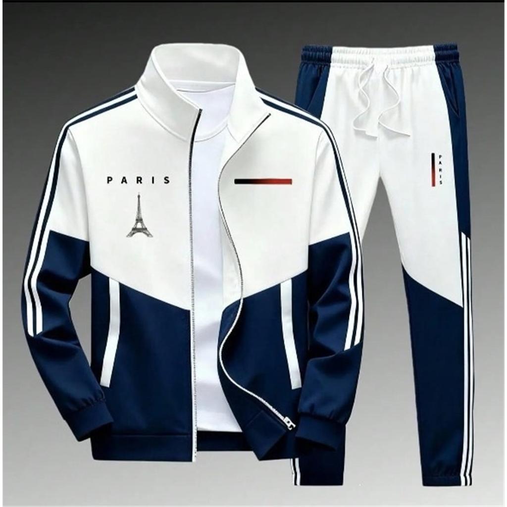 Men 2‑Pieces Tracksuit Color Block Zip‑Up Stand Collar Jacket + Elastic Waist Jogger Pants Set Casual Sports Outfit 